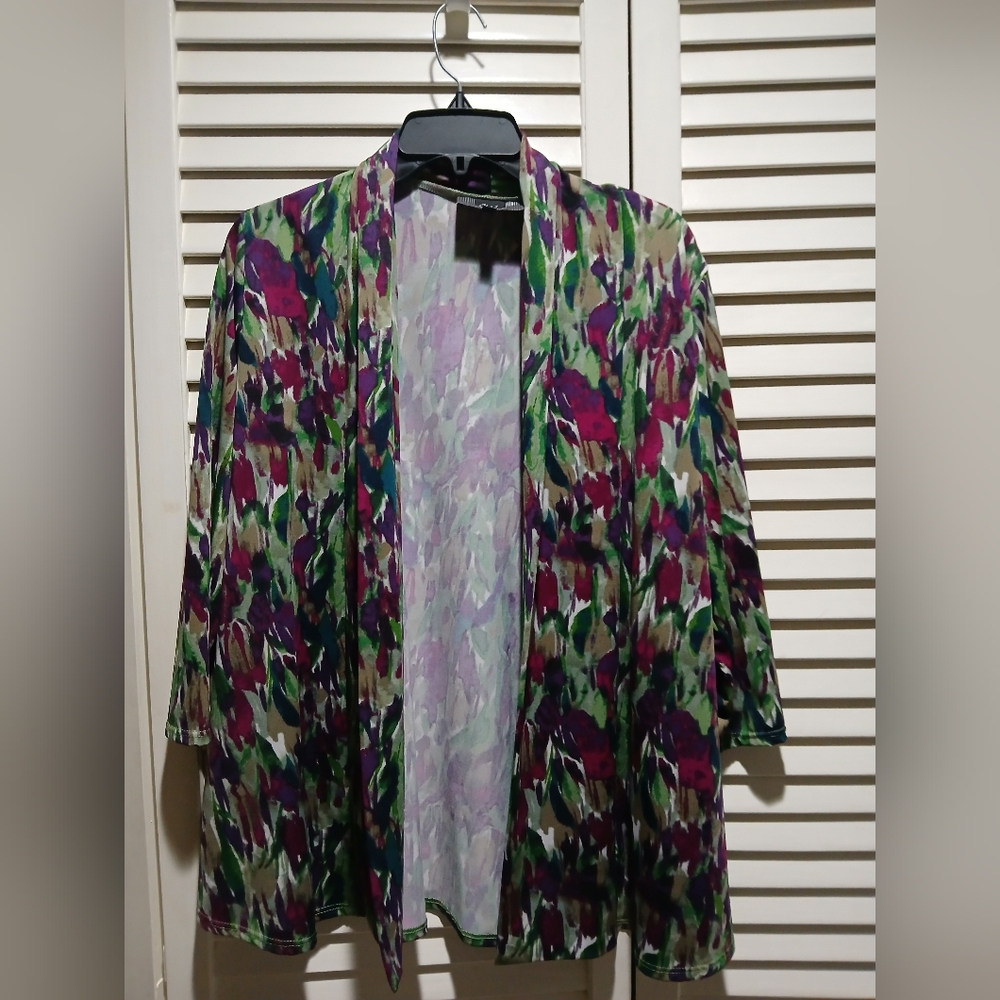Slinky Brand Open Front Cardigan Jacket Abstract Floral Stretch Size Small